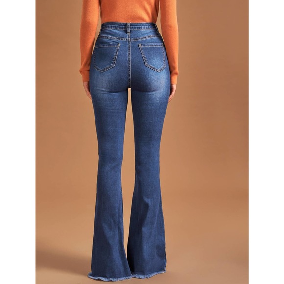 High Waist Button Front Flare Leg Jeans dark wash button fly - Picture 2 of 6